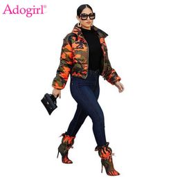 Women's Down Parkas Adogirl Orange Camo Cotton Padded Coat Stand Collar Zipper Long Sleeve Short Jacket Autumn Winter Fashion Warm Outerwear Clothes T221011