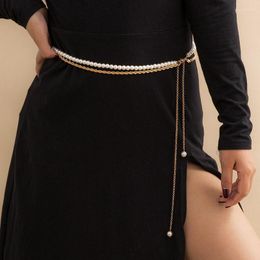 Belts Fashion Double Layers Metal Women Chain Belt Thin Elegant Pearl Decor Waistbands Gold Long Tassel Adjustable Body ChainBelts