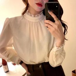 Women's Blouses Office Lady Elegant Blouse Shirt Women Bead Puff Sleeve Fashion Long Stand Collar Ruffled Sexy Transparent Bottoming Tops