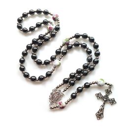 Catholic Rosary Vintage Hematite Beads Strand Necklace Christ Jesus Cross Pendant Religious Pray Jewellery For Women Men