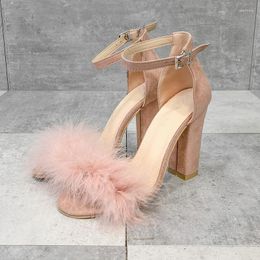 Sandals 2022 Women Sexy Open Toe Furry Fur Summer High-Heeled Pumps Ladies Metal Buckle Strap Wedding Party Shoes