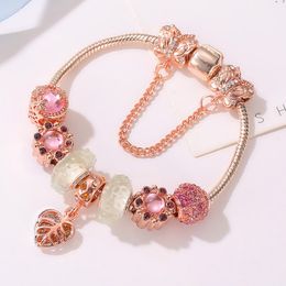 Rose Gold Bowknot Charm Bead fit European Pandora Bracelet for Women DIY White Murano Glass Pink Crystal Ball Charm Beads Snake Chain Fashion Jewelry