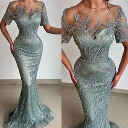 Prom Brilliant Gorgrous Applique Sequins Tulle Mermaid Evening Chiffon Dresses Short Sleeves Lace Embroidery Tiered Satin Full Length Dress Custom Made