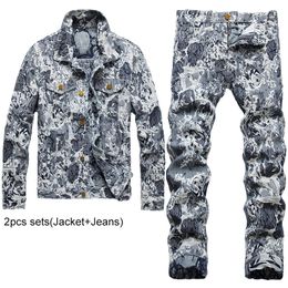 Slim-fit Tracksuits Set maschile stampato di moda autunno inverno due pezzi set di jeans a maniche lunghe casual abbinata a buca strappata jeans congiuntos de hombre