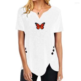 Camisetas de mujer S-5XL de gran tamaño de manga corta con cuello en V para mujer, camisa con estampado de mariposa, camisetas informales sueltas con botones irregulares, camiseta de verano para