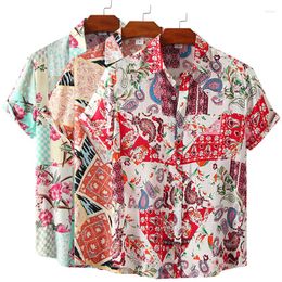 Men's Casual Shirts Men's Cotton Polyester Summer Short Sleeve Shirt Boho Nationality Breathable Hawaiian Beach Male Blouse For Men