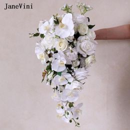 Wedding Flowers JaneVini 2022 Elegant White Bridal Waterfall Bouquets Phalaenopsis Orchid Cascading Artificial Silk Roses Bouquet Boho