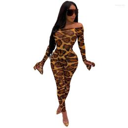 Two Piece Dress 2022 Autumn European And American Sexy Women's Leopard Print One Shoulder Trumpet Sleeves Pencil Pants Sets