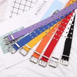 Belts Fashion Canvas Casual Double Hollow Hole Buckle Belt Adjustable Solid Colour Waist Strap For Women Men Students Jeans 3Belts