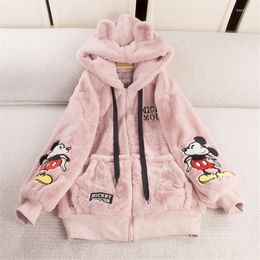 Women's Fur 2022 Winter And Autumn Preppy Style Tops Cute Mouse Embroidery Velvet Warm Cartoon Sweatshirts Hooded Coats