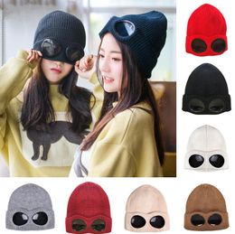 Two Lens Glasses Goggles Beanies Hat Men Women Knitted Hats Skull Caps Outdoor Autumn Winter Beanie Black Grey Bonnet Gorros Windproof Cashmere Ski Hat