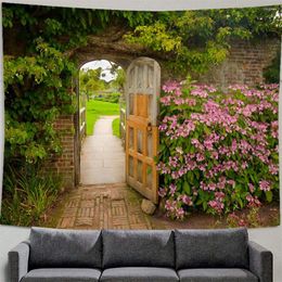 Tapestries Bedroom Decor Aesthetic Tapestry Spring Flowers Wood Fence Garden Landscape Nature Scenery Wall Hanging Home Room Blanket
