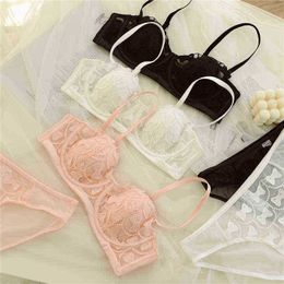 Bras Sets Girls Half Cup Lace Bras Thin Big Breasts Showing Small With Steel Rings Top Support Anti-sagging Lingerie Underwear Set T220907