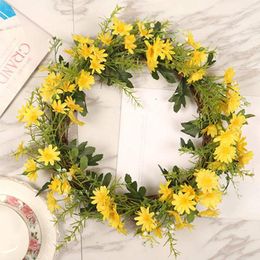 Decorative Flowers Artificial Daisy Wreath 13.8Inch Fake Flower Green Leaves For Wedding Front Door Window Hanging Decoration