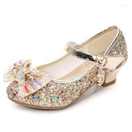 Flat Shoes Girls Leather Princess Children Round-Toe Soft-Sole Teenage High Heel Crystal Single Shoe