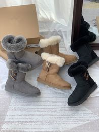 New Horn Buckle Snow Boots Winter Designer Women's Wool Boots Black Brand Fashion Brown Grey Cotton Booties Non-Slip Multifunctional Fleece Flat Lace Box 35-40