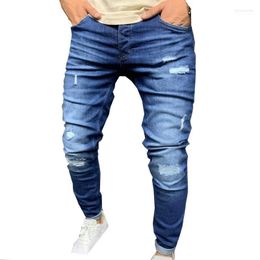 Мужские джинсы Мужские рваные узкие синие облегающие брюки-карандаш с потертыми краями, повседневные эластичные узкие брюки