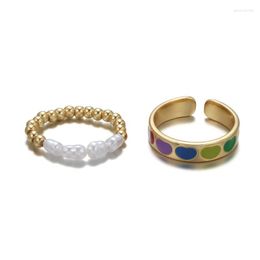 Wedding Rings Fashion Multi Colour Enamel Heart Cute Sweet Stretched Pearl Ring And Lovely Gold Beaded Opening Elastic Set