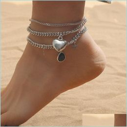 Anklets Fashion Jewellery Vintage Double Layer Anklet Star Water Drop Love Heart Pendant Chain Anklets 3765 Q2 Delivery 2022 Dhlnc