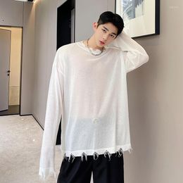 Men's T Shirts 2022 Spring Summer Long Sleeve T-shirt Korean Style O-neck Thinlight Knitted Tee Damaged Hem Tops See Through