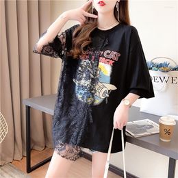 Women's T Shirts Summer T-shirt Loose Cartoon Printing Lace Stitching Short-sleeved Round Neck Casual All-match College Wind Top Women