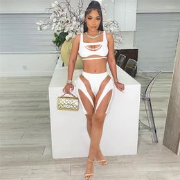 Women's Tracksuits Mesh See Through Patchwork Skinny Two Piece Set Women Hollow Out Crop Top High Waist Striped Hipster Shorts 2022 Summer