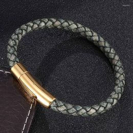 Charm Bracelets Antique Green Braided Leather Bracelet Men Women Trendy Unisex Jewelry Stainless Steel Clasp Casual Hand Woven Wristband