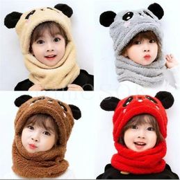 Winter Children Hat Plus Fleece Cartoon Bear Kids Ear Protection Caps For Girl Boys Scarf Thicken Newborn Photography Baby Stuff DE816