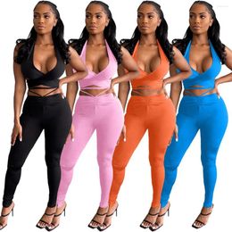 Women's Two Piece Pants Sexy Sporty Fitness Solid Tracksuit Women Deep V Neck Sleeveless Lace Up Crop Top Ruched Skinny Set Jogging