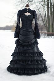 Vintage Victorian Wedding Dress Black Bustle Historical Mediaeval Gothic Bridal Gowns High Neck Long Sleeves Corset Winter Cosplay Masquerade Dresses