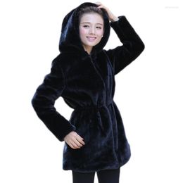 Women's Fur 2022 Women Faux Coat Casual Slim Winter Long Mink Jacket With Hood Black Solid Coats Thick Warm Outwear