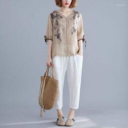 Ethnic Clothing Oriental Style Women Tops Summer 2022 Linen T-Shirt-Women Oversized Tshirt Vintage Blouse Ladies Chinese 10017