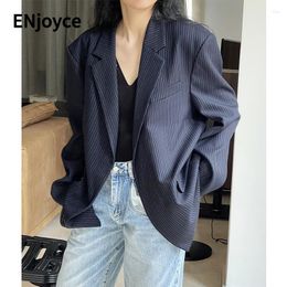 Women's Suits Vintage Striped Padded Lapel Blazer Women 2022 Spring Fall Modern Wide Shoulder Single Breasted Suit Overcoat Workwear Coat