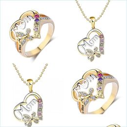 Other Jewellery Sets Necklace Ring Two Piece Set Mom Love Heart Pattern Inlay Crystal Plated Gold Chain Fashion Mothers Gift 6Lr J2 Dr Dhvbj