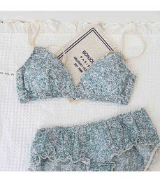 Bras Sets Floral French bra cotton small chest no steel ring lingerie with pants suit women sweet girl triangle cup thin underwear set T220907