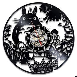 ساعات الحائط Studio Ghibli Totoro Clock Clock Clock Cartoon My Neighbor Vinyl Records Clasts Watch Home Decor Decord Gift for Children Y286 OTE5W