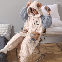 Women's Sleepwear Brand 2022 Winter Flannel Bathrobe Set Women Cute Cartoon Bear Hooded Warm Robes Long Pants Home Clothes Suit