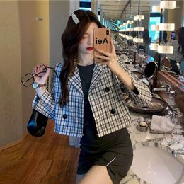 Women's Suits Trendy Suit Collar Plaid Jacket Female Spring Autumn 2022 Korean Design Niche Short Top Trend High Street Cool Girl Blazers