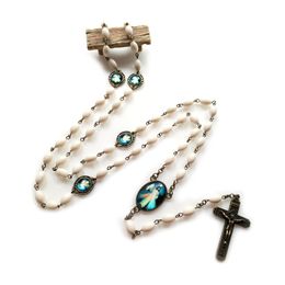 White Olive Beads Glass Rosary Vintage Cross Pendant Necklace For Women Men Catholic Jewelry