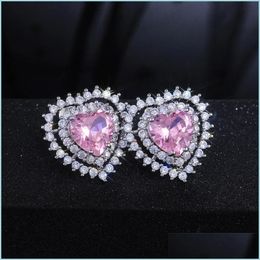 Stud Stud Sier Colour Cubic Zirconia Cz Crystal Earrings Pink Heart For Women Girls Gift Wedding Jewellery Wholesale Drop Delivery 2022 Dherh