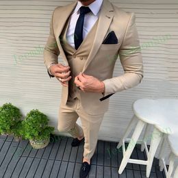 Tailor Made Beige Mens Suit Slim Fit Notched Lapel One Button Tuxedos Groom Casual Business 3 Pieces Set Blazer Vest Pants