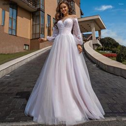 Wedding Dress Long Puff Sleeve Dresses For Women Lace A Line Tulle Bride With Champagne Robe De Mariee Lining Up Back Gown