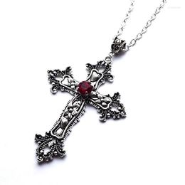 Pendant Necklaces Vintage Cross Necklace Man Chain Drill Red Jewel Antique Silver Goth Punk Jewellery Fashion Summer Charm Trendy Women Gift