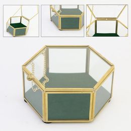 Jewellery Pouches Vintage Golden Glass Lidded Box Decorative Keepsake Display Organiser Clear Hexagonal Rings Bracelet