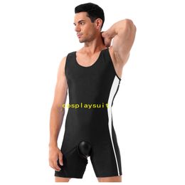 Men Undershirts Catsuit Costumes Sports Leotard Workout Bodysuit Shorts Wrestling Singlet Fitness Jumpsuit Sexy Open Crotch Underwear