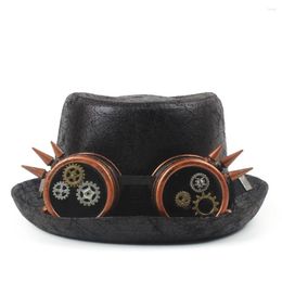 Berets Steampunk Porkpie Hats For Mem Leather Pork Pie Hat Dad Flat Fedora Cosplay Boater With Steam Punk Glasses