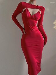 Casual Dresses Korean Women Robe Elegant OL Red Low Chest V Neck Sexy Hollow Hish Waist Slim Fashion Maxi Long Dress Y260