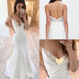 Custom Made Spaghetti Mermaid Wedding Dress Sexy Backless Lace Appliques Long Sweep Train Satin Bridal Gown Beach Boho Robe De Mariee 2023 With Long Veil