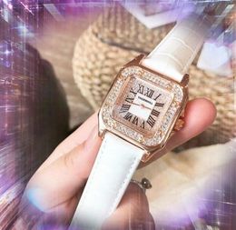 Top model Fashion Lady Quartz Watches 36mm Casual Square Roman Diamonds Ring skeleton women wristwatch rose gold silver Genuine Leather Belt Watch Gifts