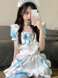 Casual Dresses Japanese Kawaii Lolita Dress Female 2022 Sweet Soft Girl Cosplay Maid Outfit Sexy Square Collar Short Sleeve Bow Op Mini